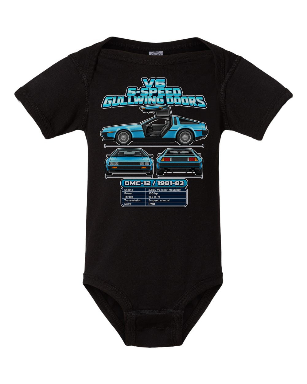 Delorean Dmc 12 spec sheet black baby onesie front view