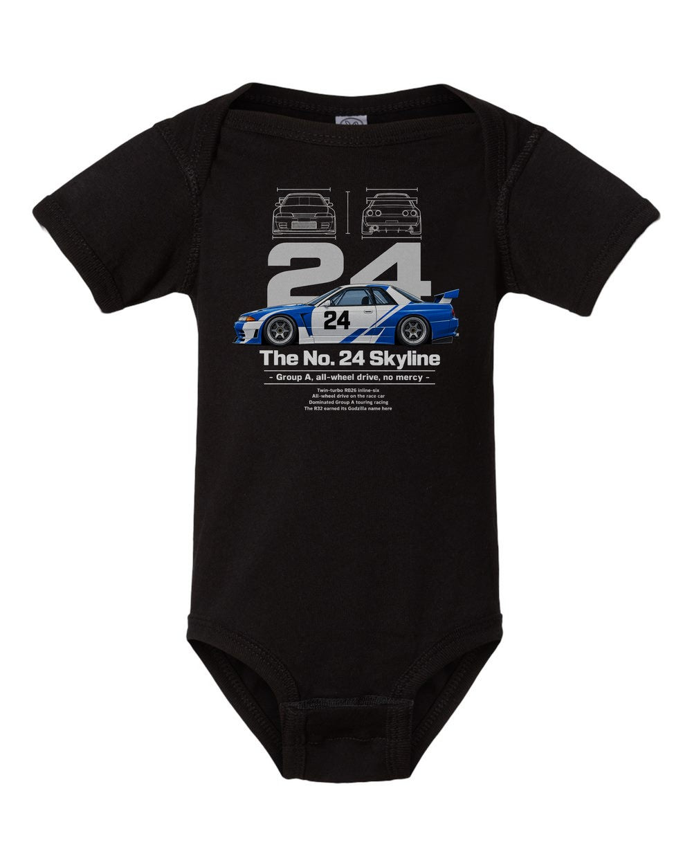 No. 24 Skyline black baby onesie front view