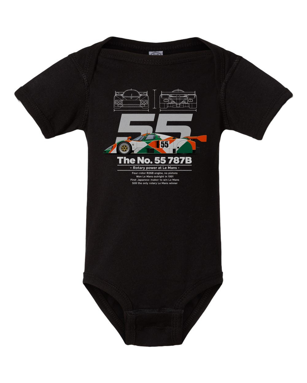 No. 55 787B black baby onesie front view