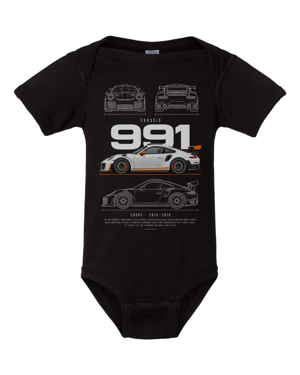 991 artwork black baby onesie front view