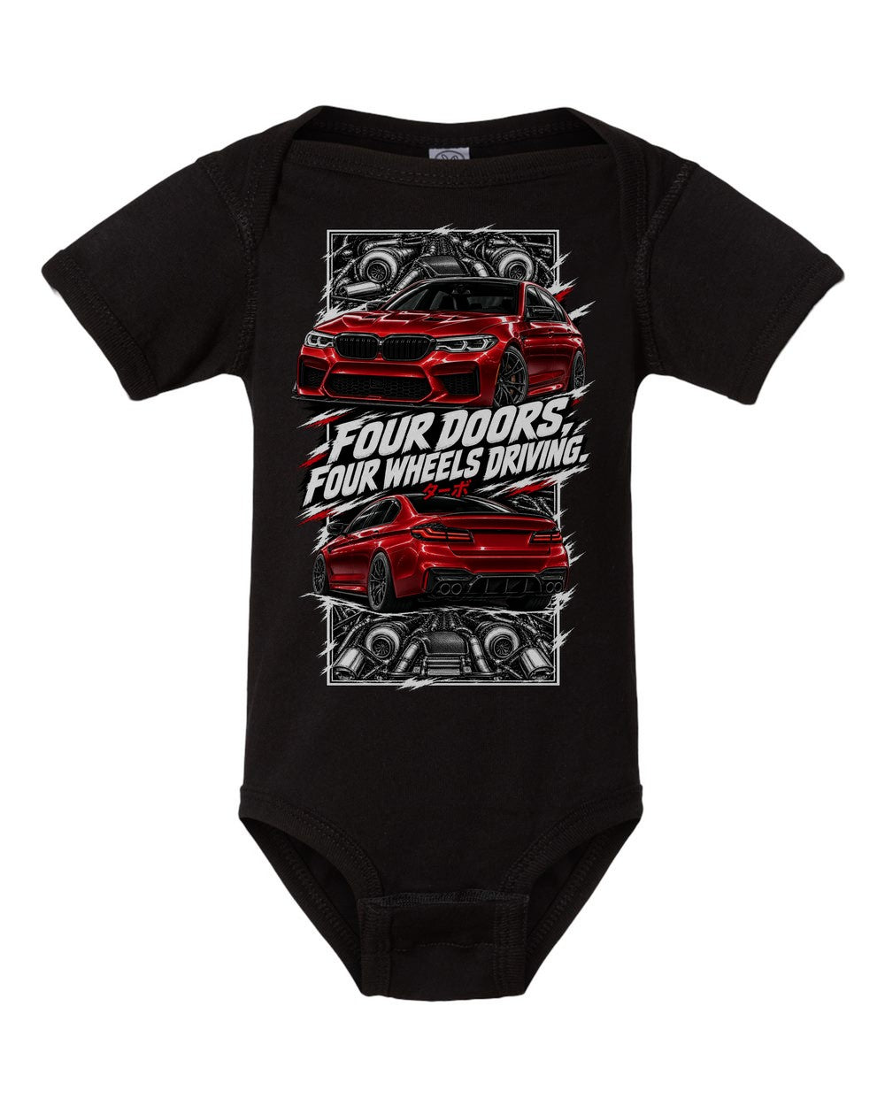 BMW F90 M5 torn poster black baby onesie front view