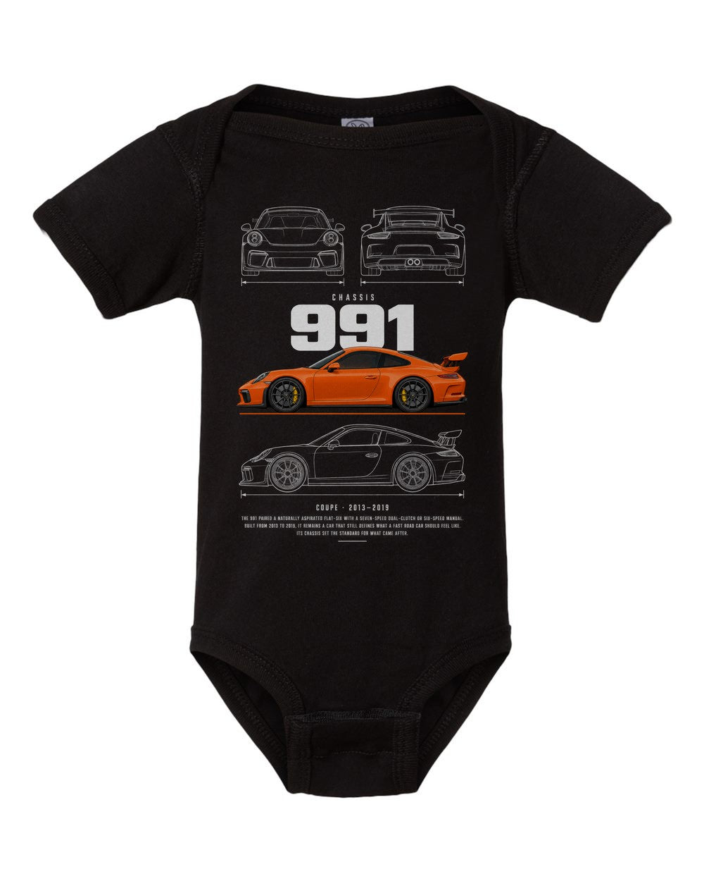 991 artwork black baby onesie front view