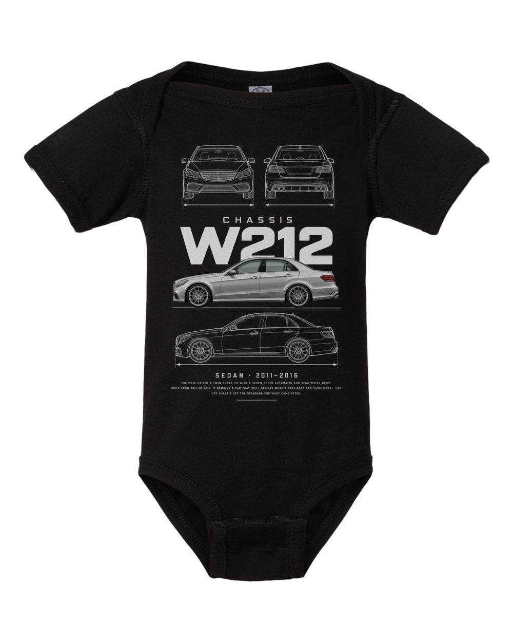 W212 artwork black baby onesie front view