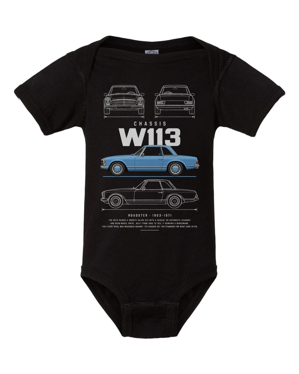 W113 artwork black baby onesie front view