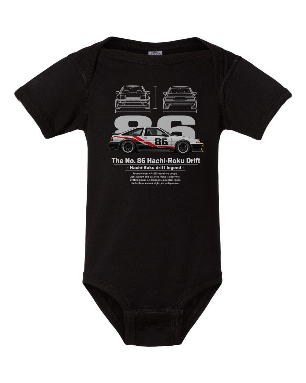No. 86 Hachi-Roku Drift black baby onesie front view