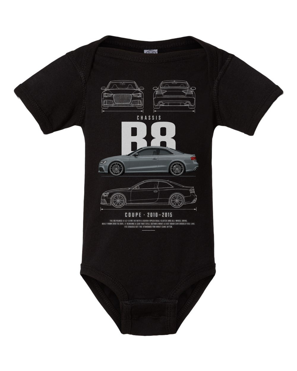 B8 artwork black baby onesie front view
