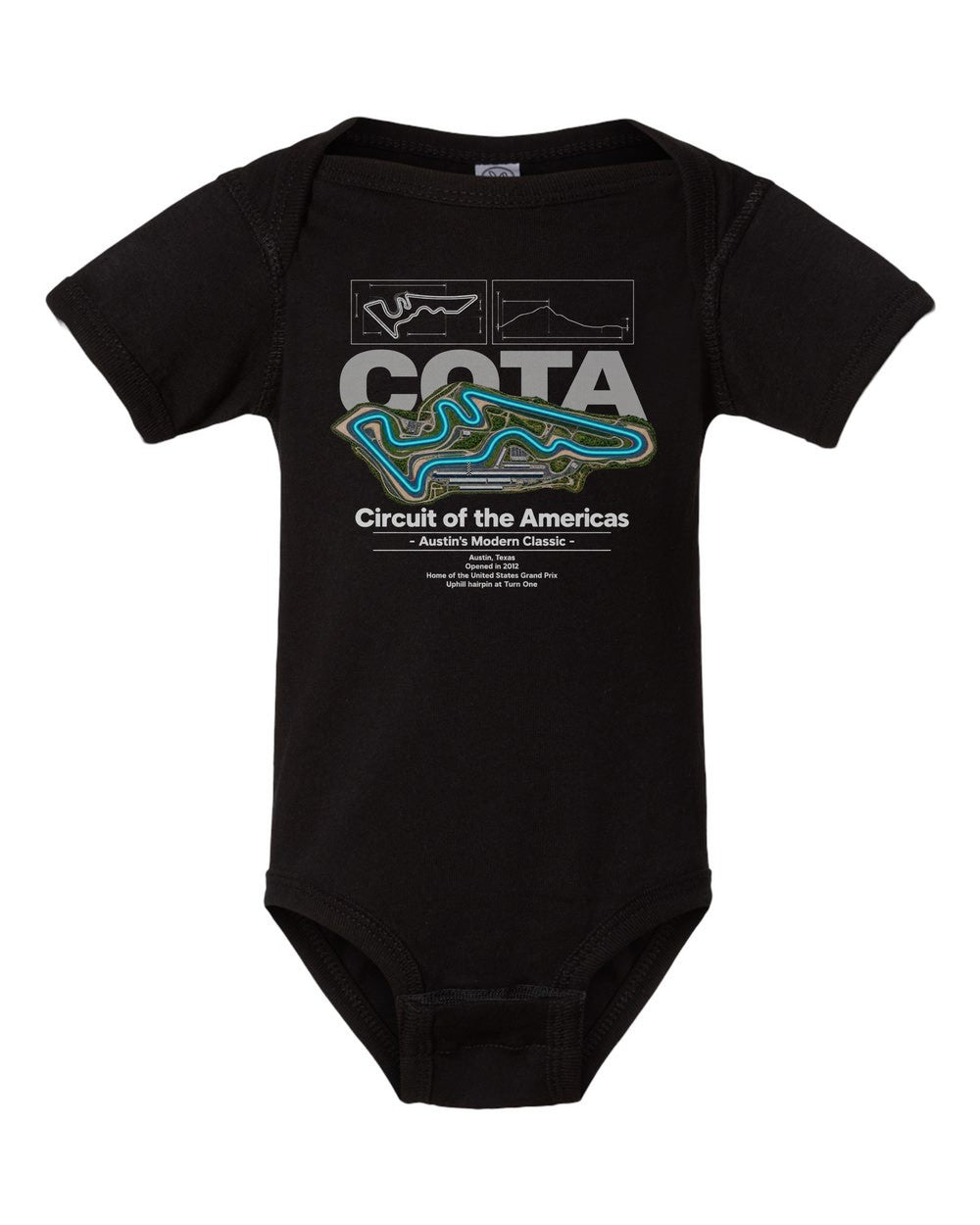 Circuit of the Americas black baby onesie front view