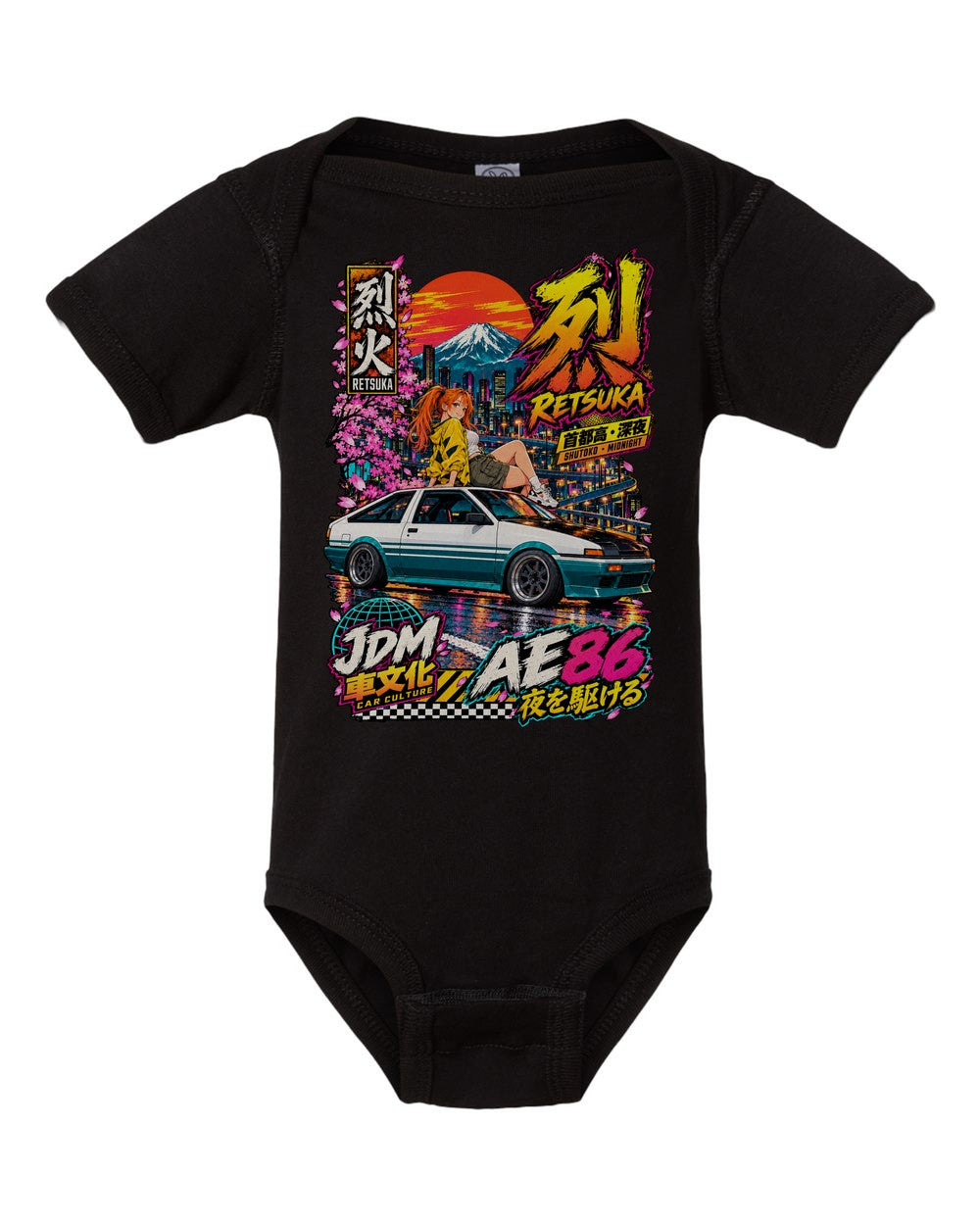 RETSUKA AE86 black baby onesie front view with artwork