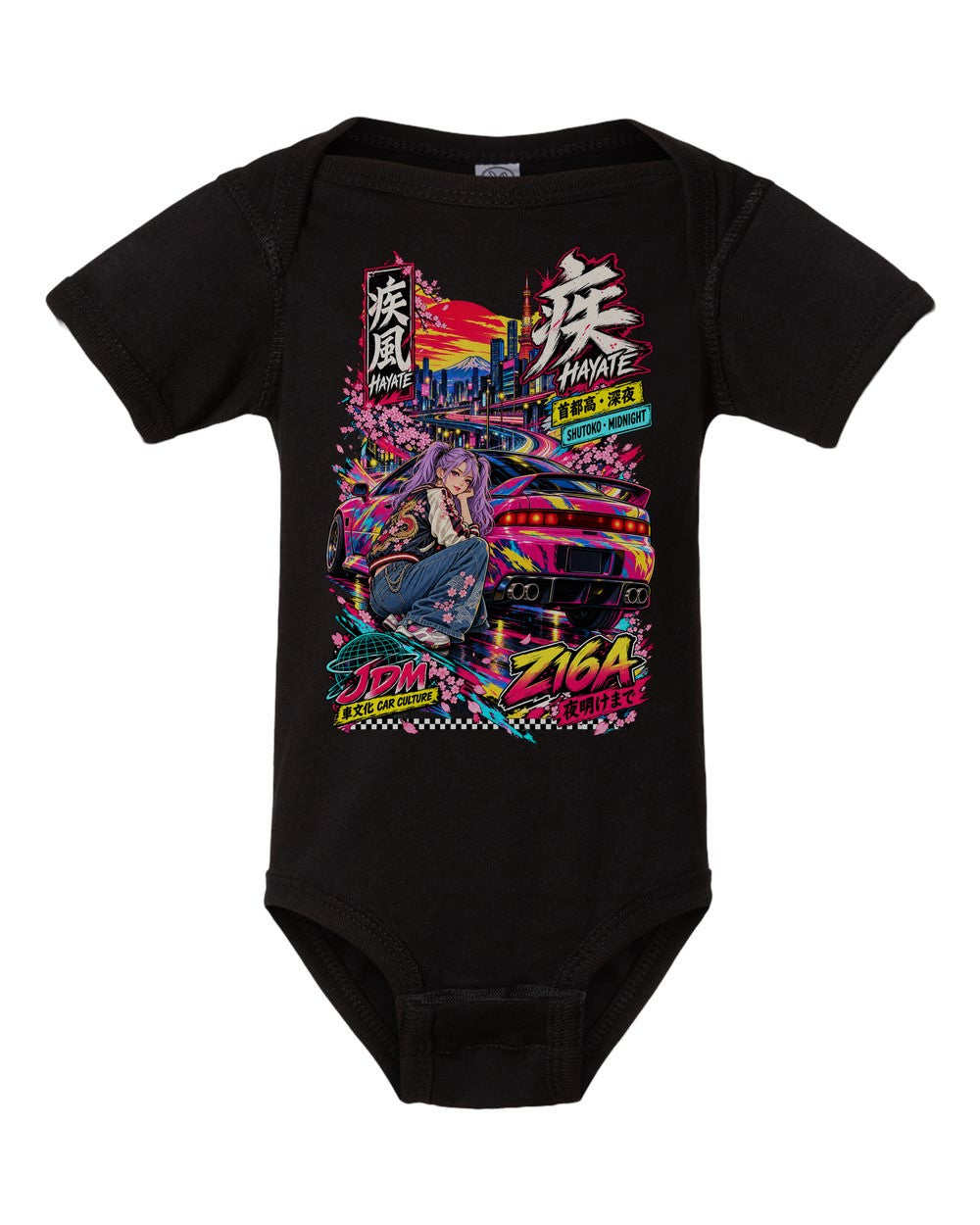 HAYATE Z16A black baby onesie front view with artwork