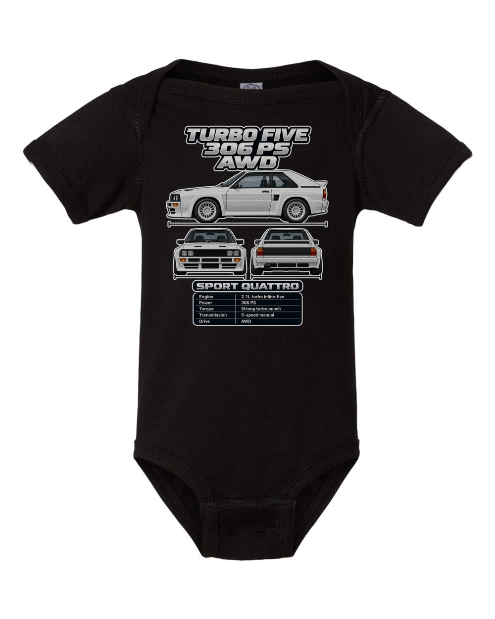 Audi Sport Quattro spec sheet black baby onesie front view