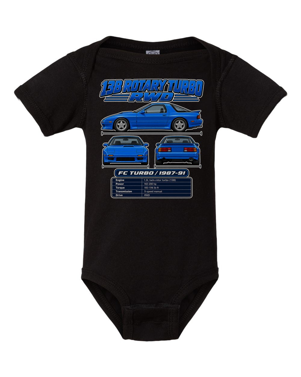 Mazda Rx 7 Fc Turbo spec sheet black baby onesie front view