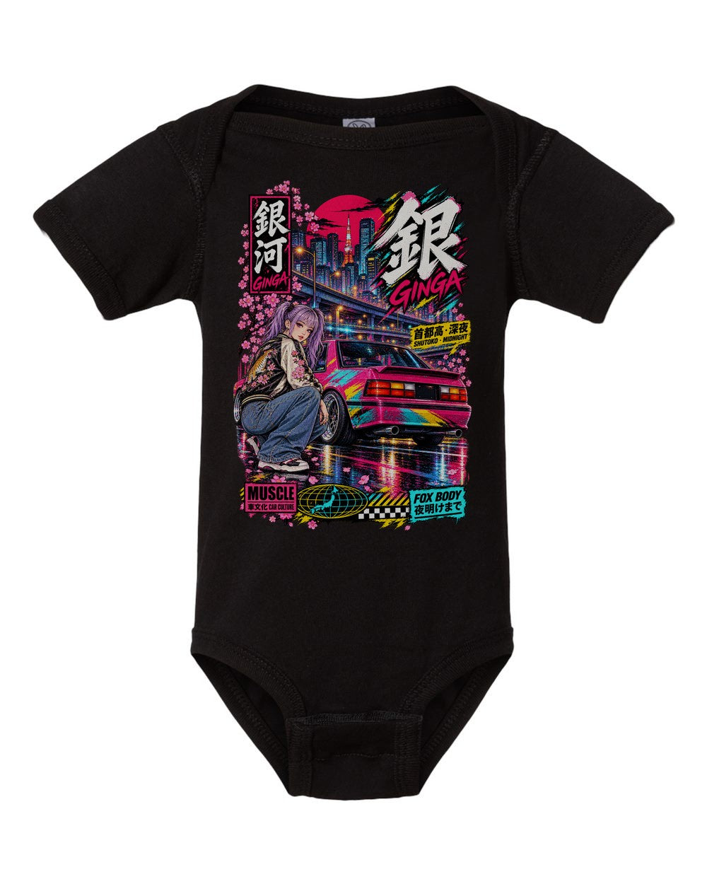 GINGA FOX BODY black baby onesie front view with artwork