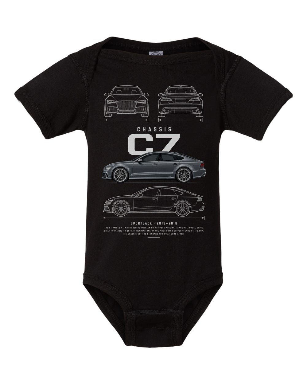 C7 artwork black baby onesie front view