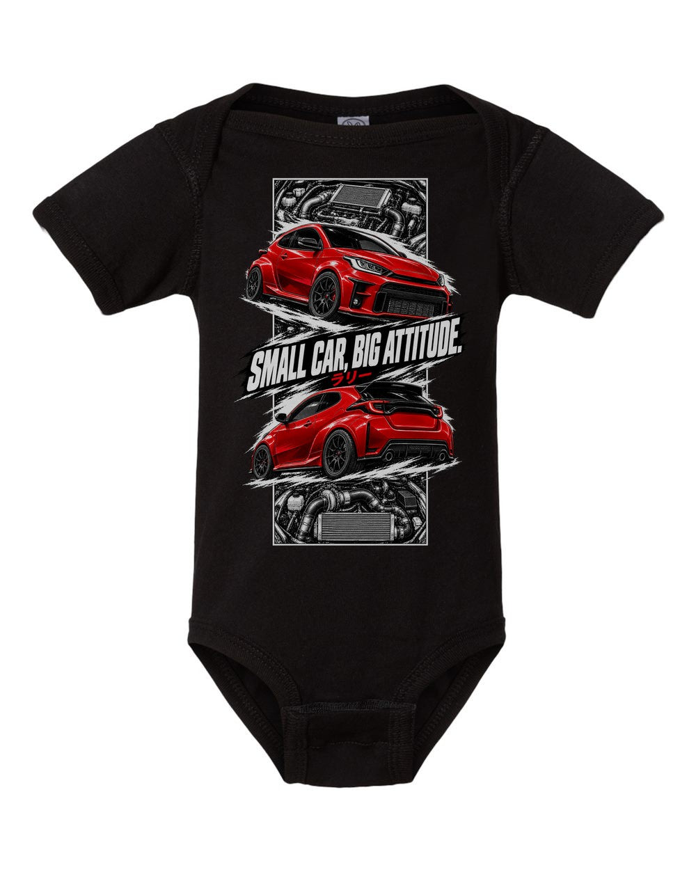 Toyota GR Yaris torn poster black baby onesie front view