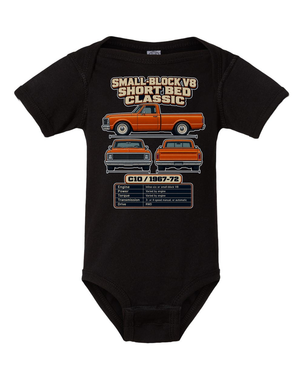 Chevrolet C10 spec sheet black baby onesie front view