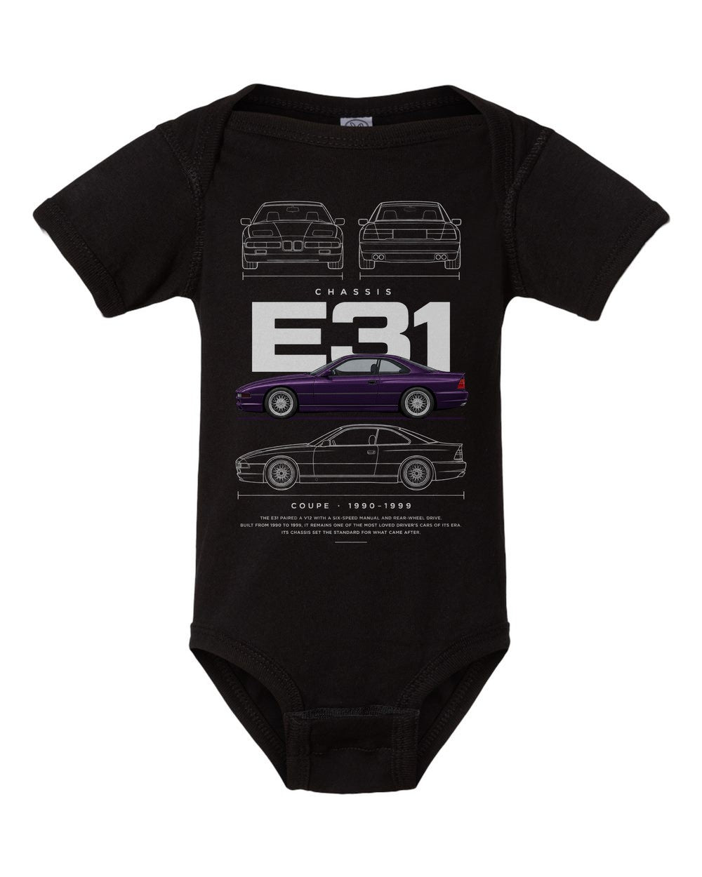E31 artwork black baby onesie front view
