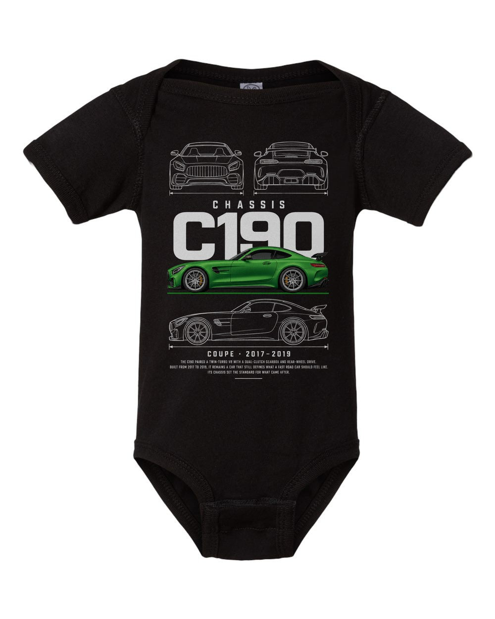C190 artwork black baby onesie front view