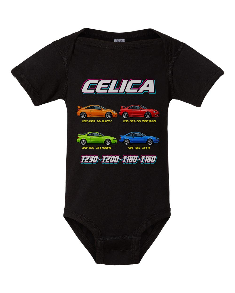 Toyota Celica evolution poster black baby onesie front view