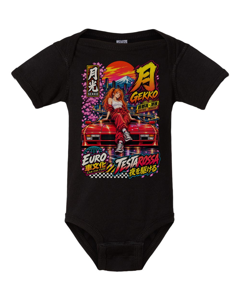 GEKKO TESTAROSSA black baby onesie front view with artwork