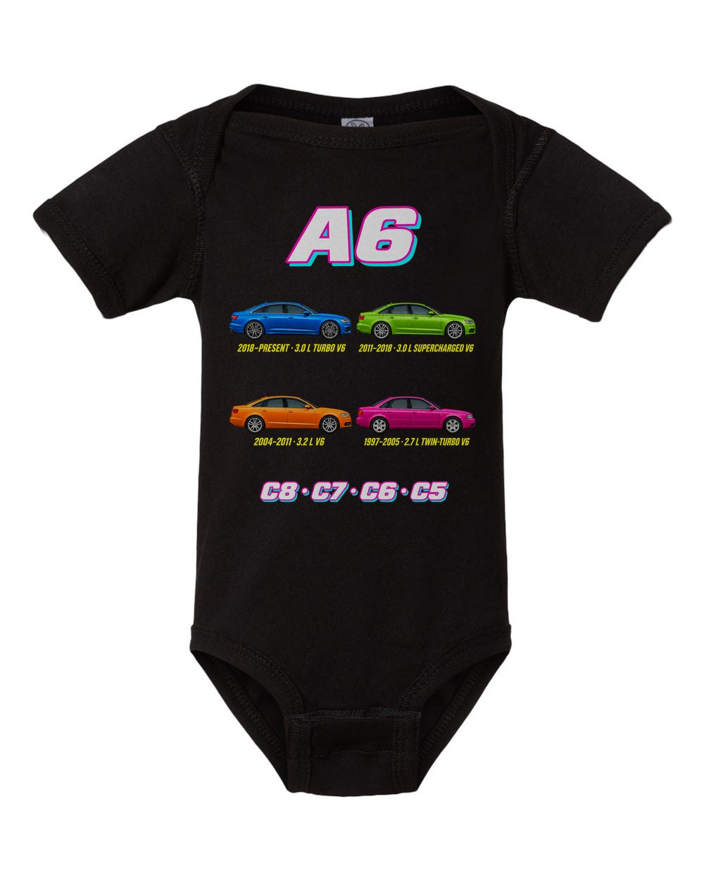 Audi A6 evolution poster black baby onesie front view