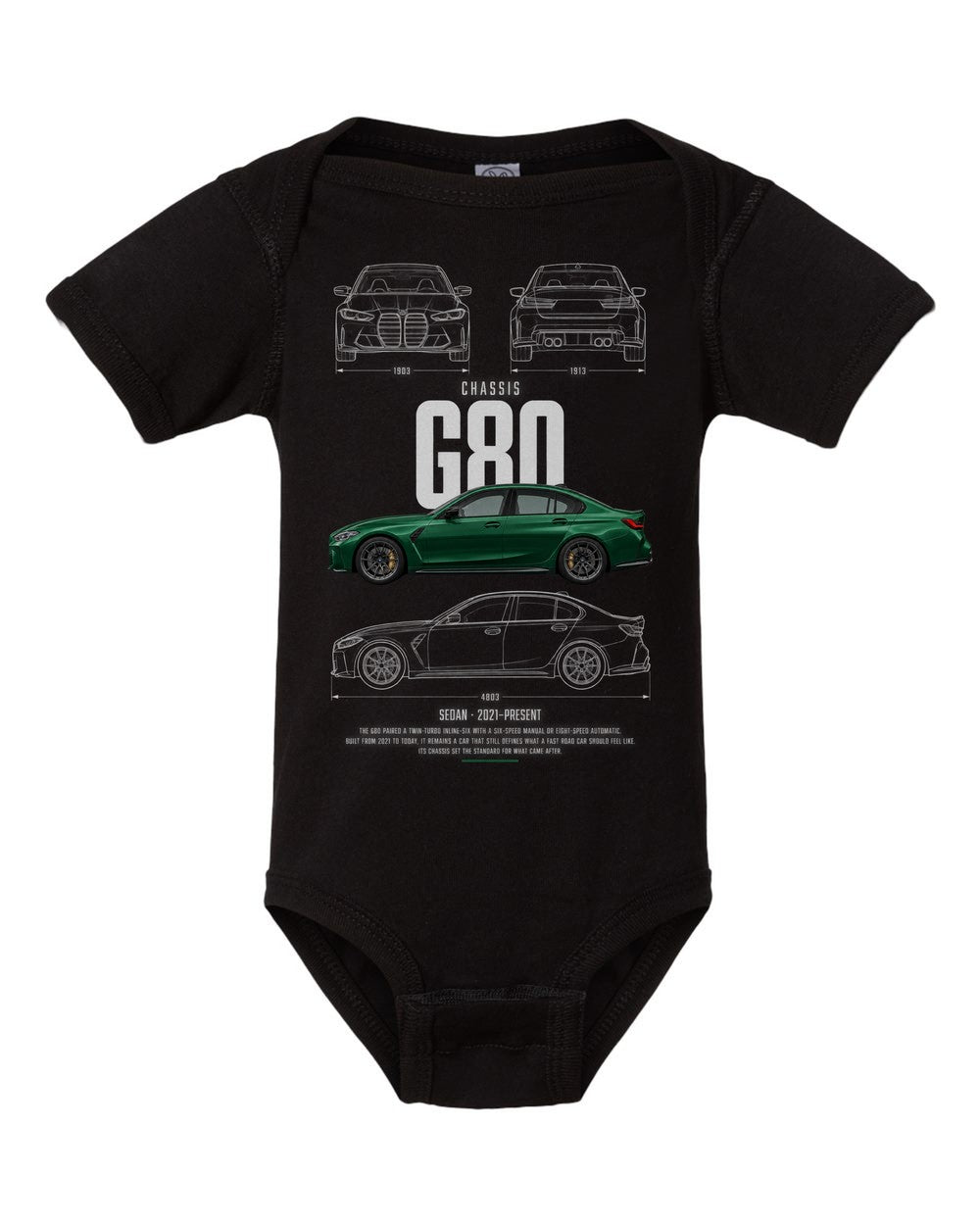 G80 artwork black baby onesie front view