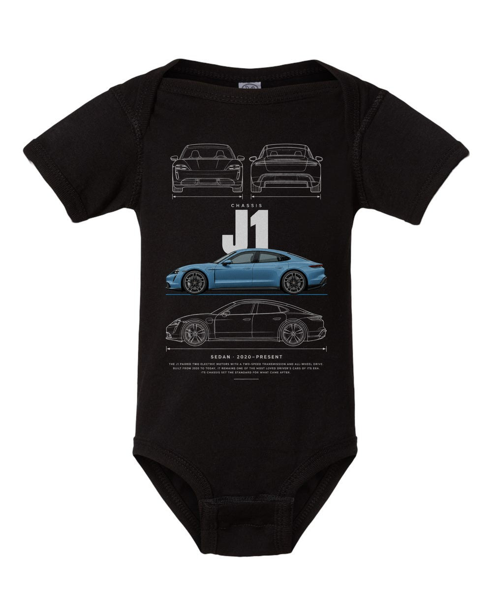 J1 artwork black baby onesie front view