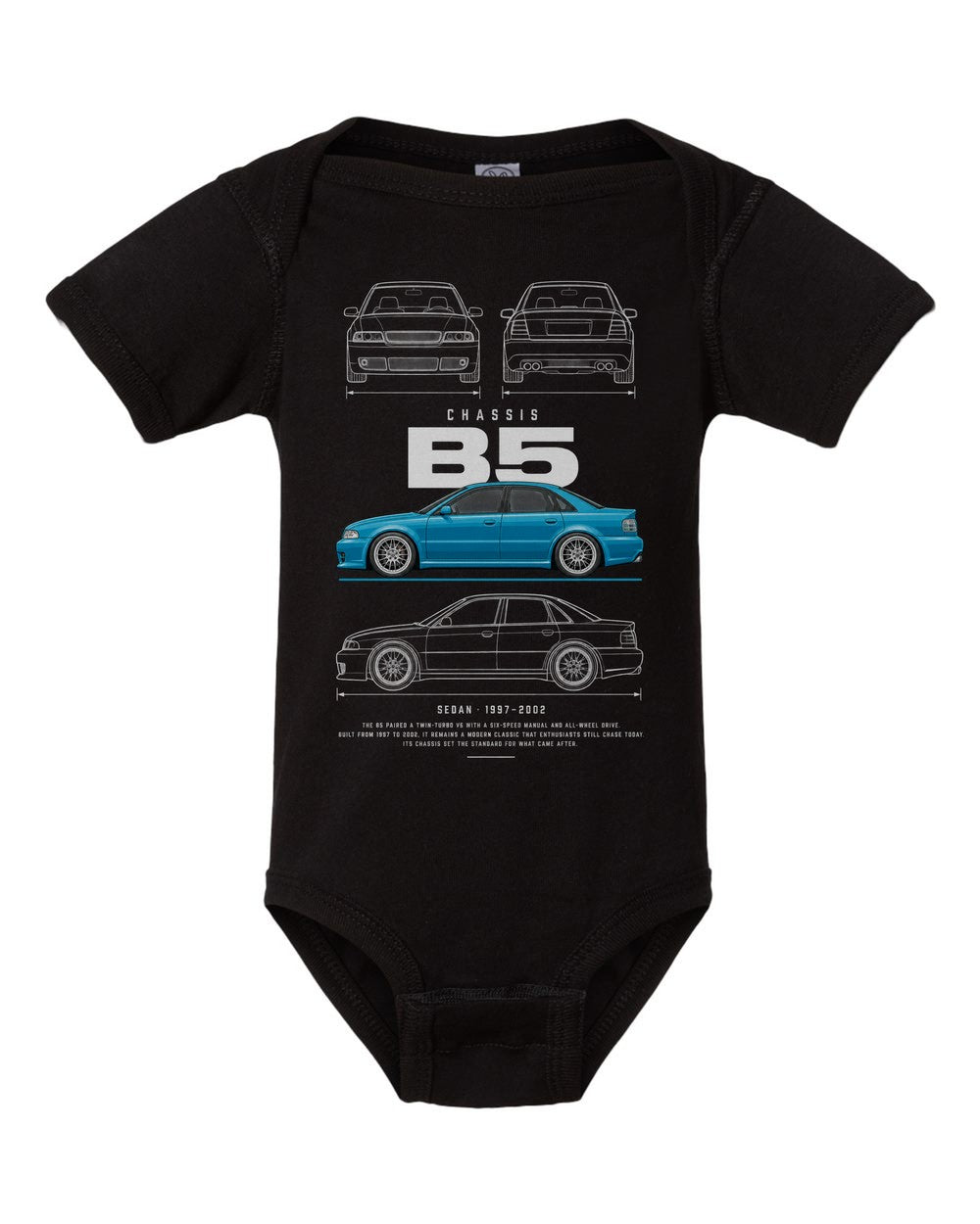 B5 artwork black baby onesie front view