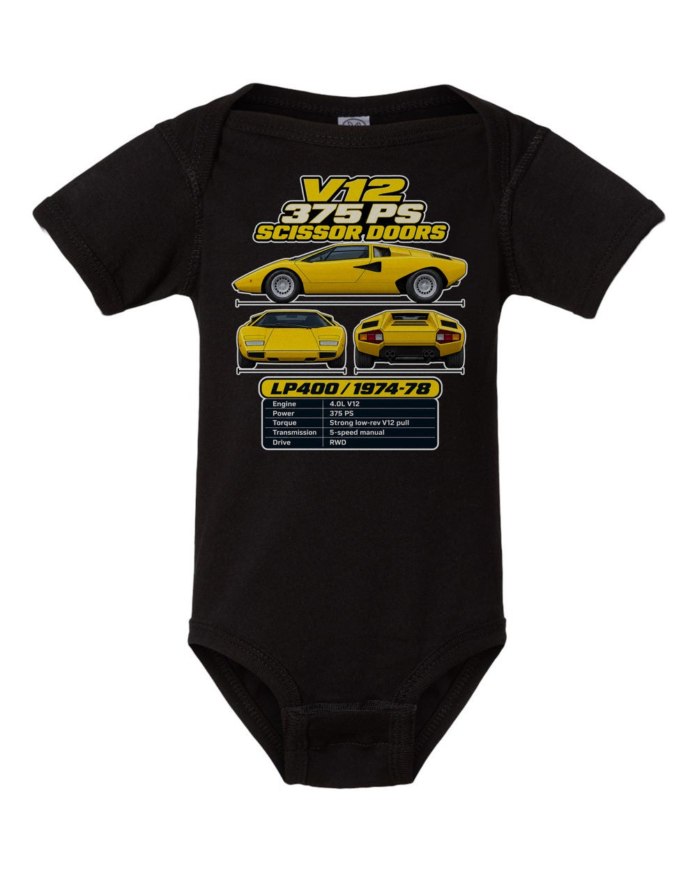 Lamborghini Countach Lp400 spec sheet black baby onesie front view