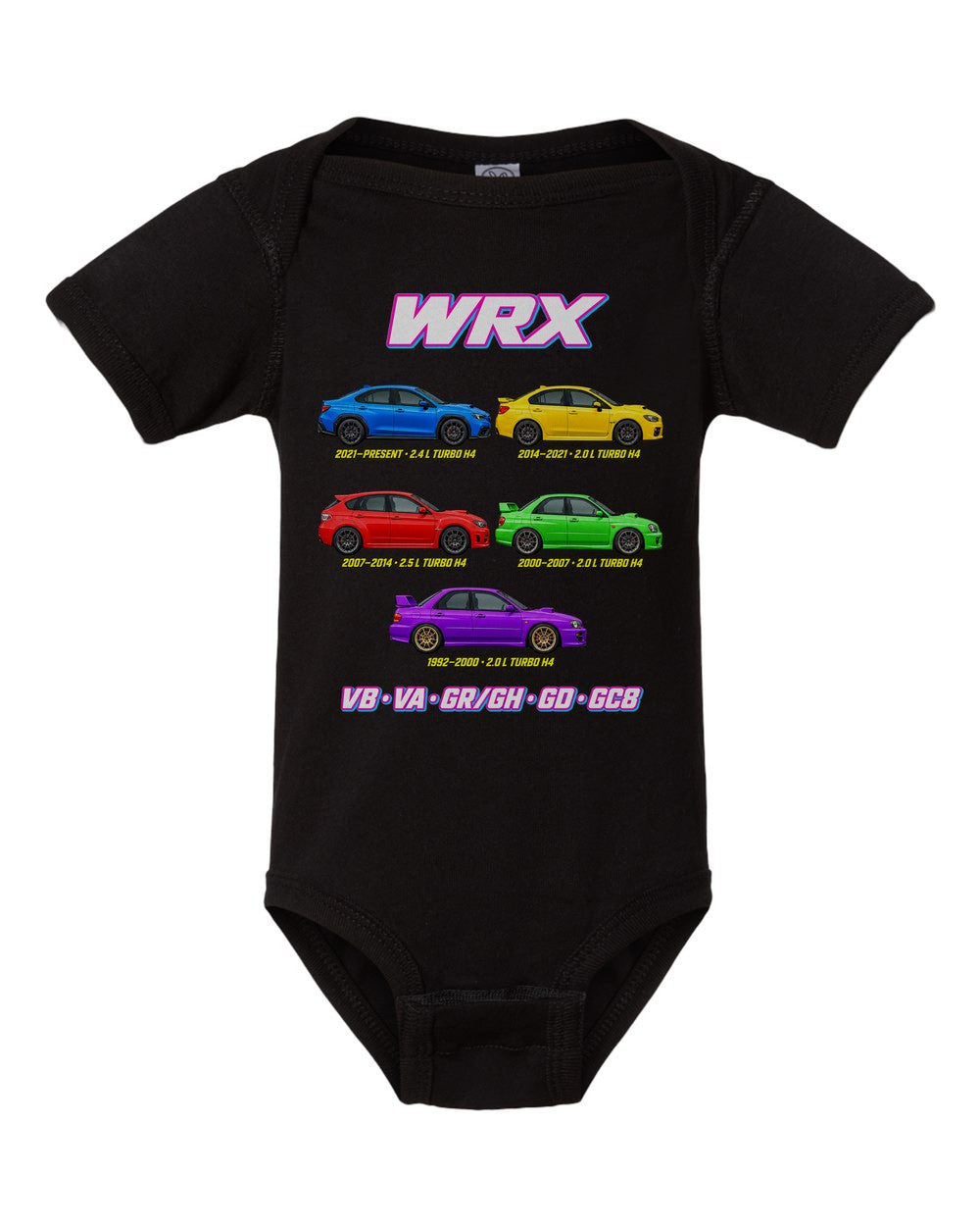 Subaru WRX evolution poster black baby onesie front view