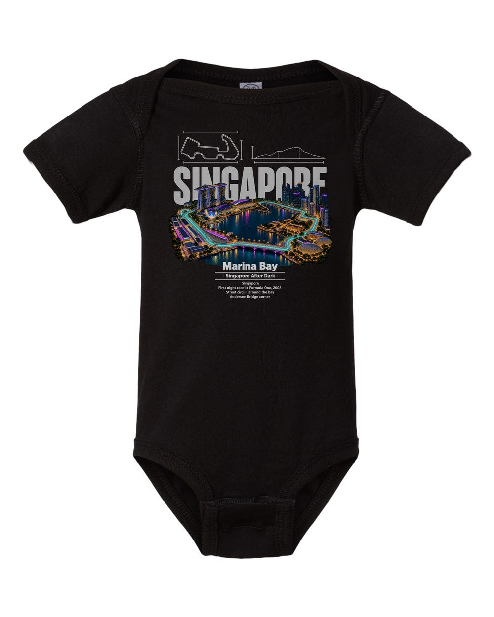 Marina Bay black baby onesie front view