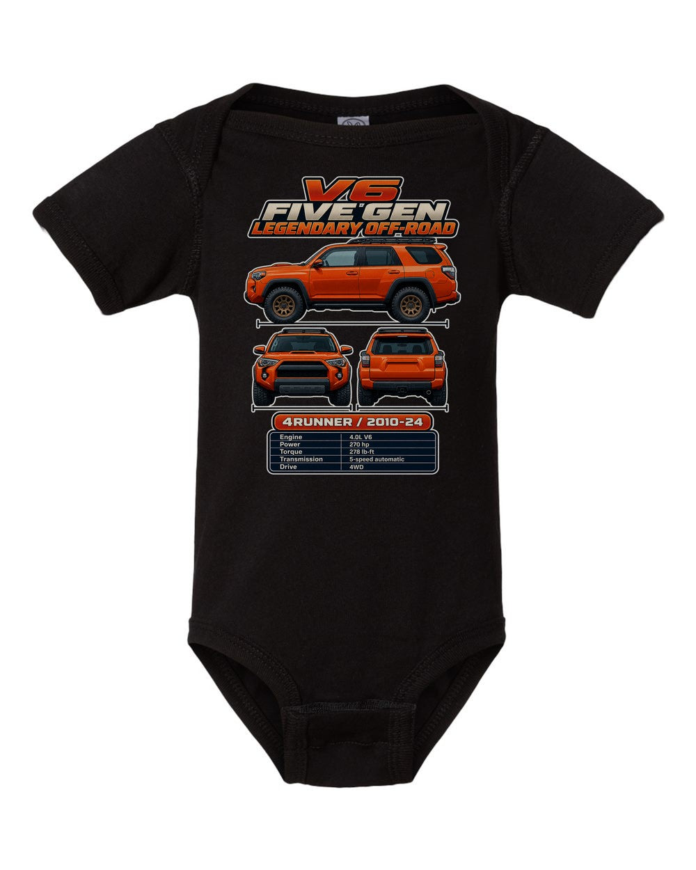 Toyota 4Runner TRD spec sheet black baby onesie front view