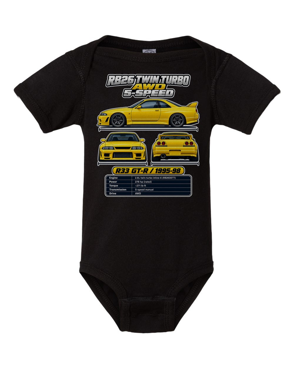 Nissan Skyline Gt R R33 spec sheet black baby onesie front view