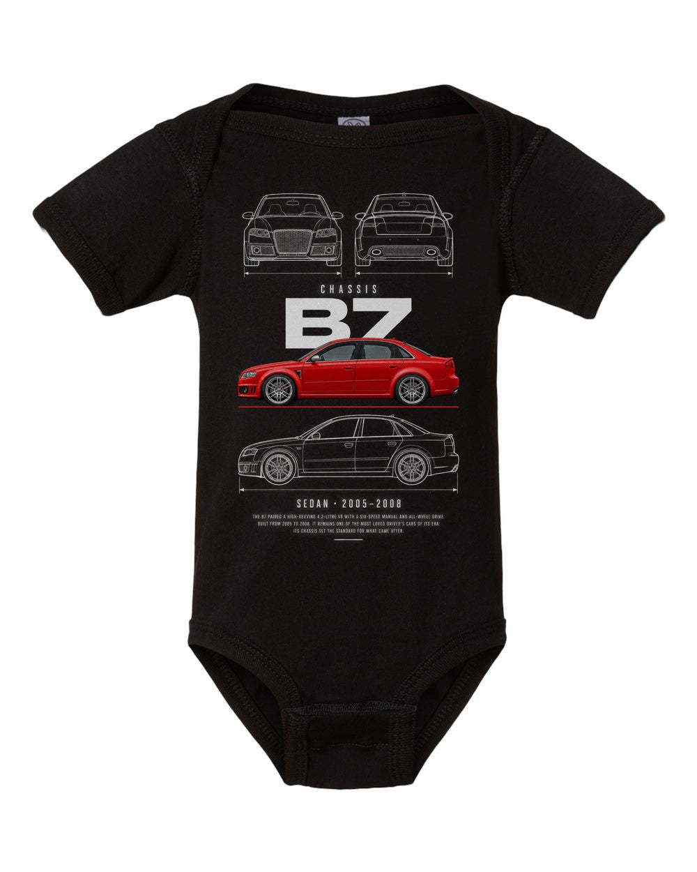 B7 artwork black baby onesie front view