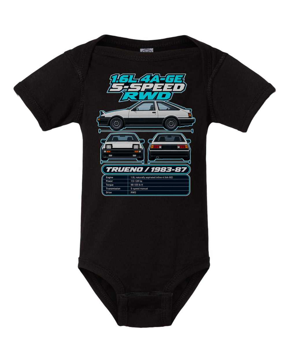 Toyota Ae86 Sprinter Trueno spec sheet black baby onesie front view