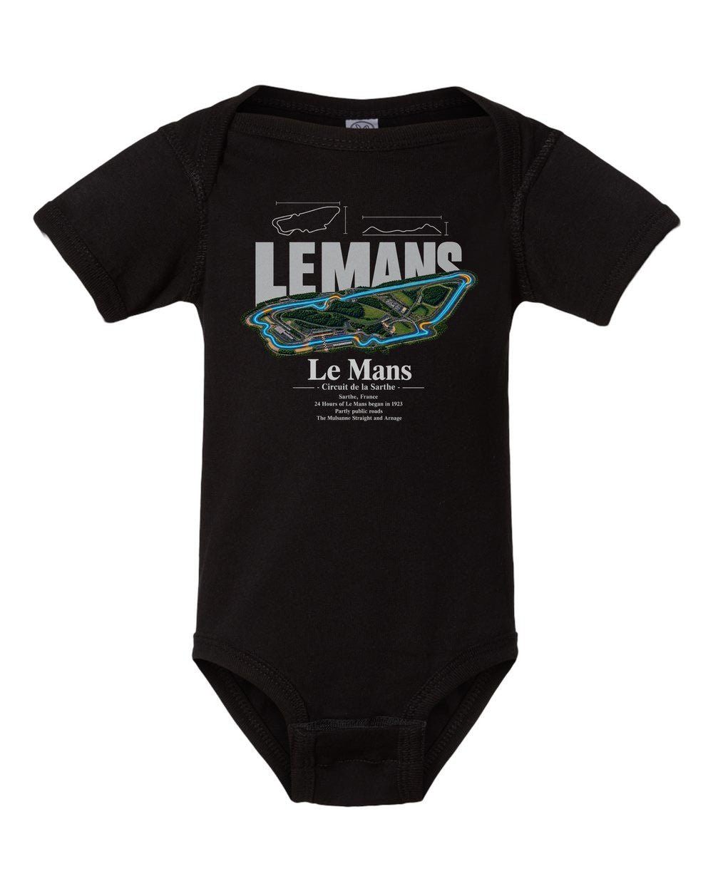 Le Mans black baby onesie front view