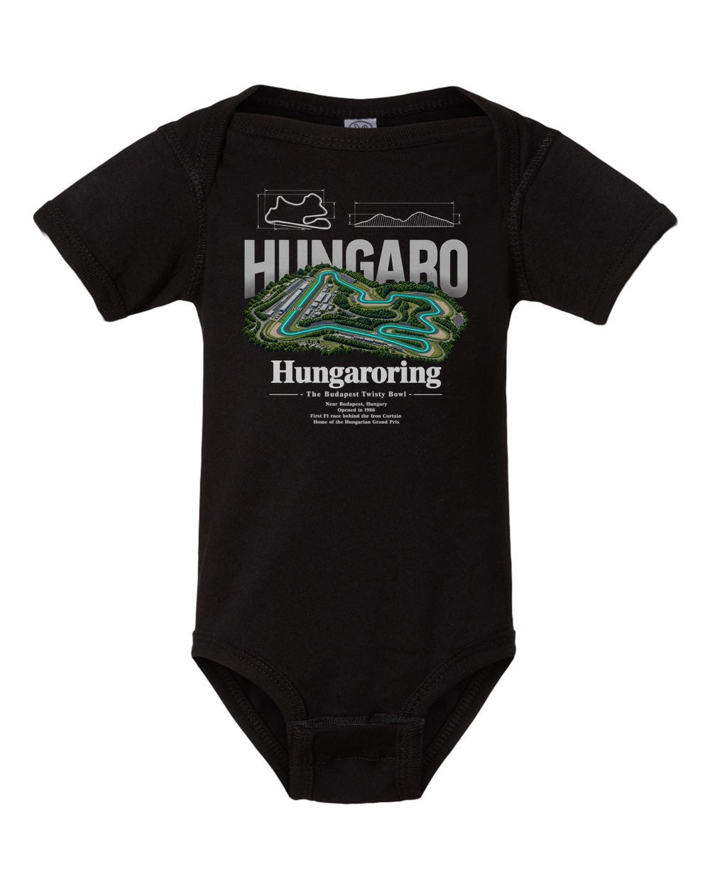 Hungaroring black baby onesie front view