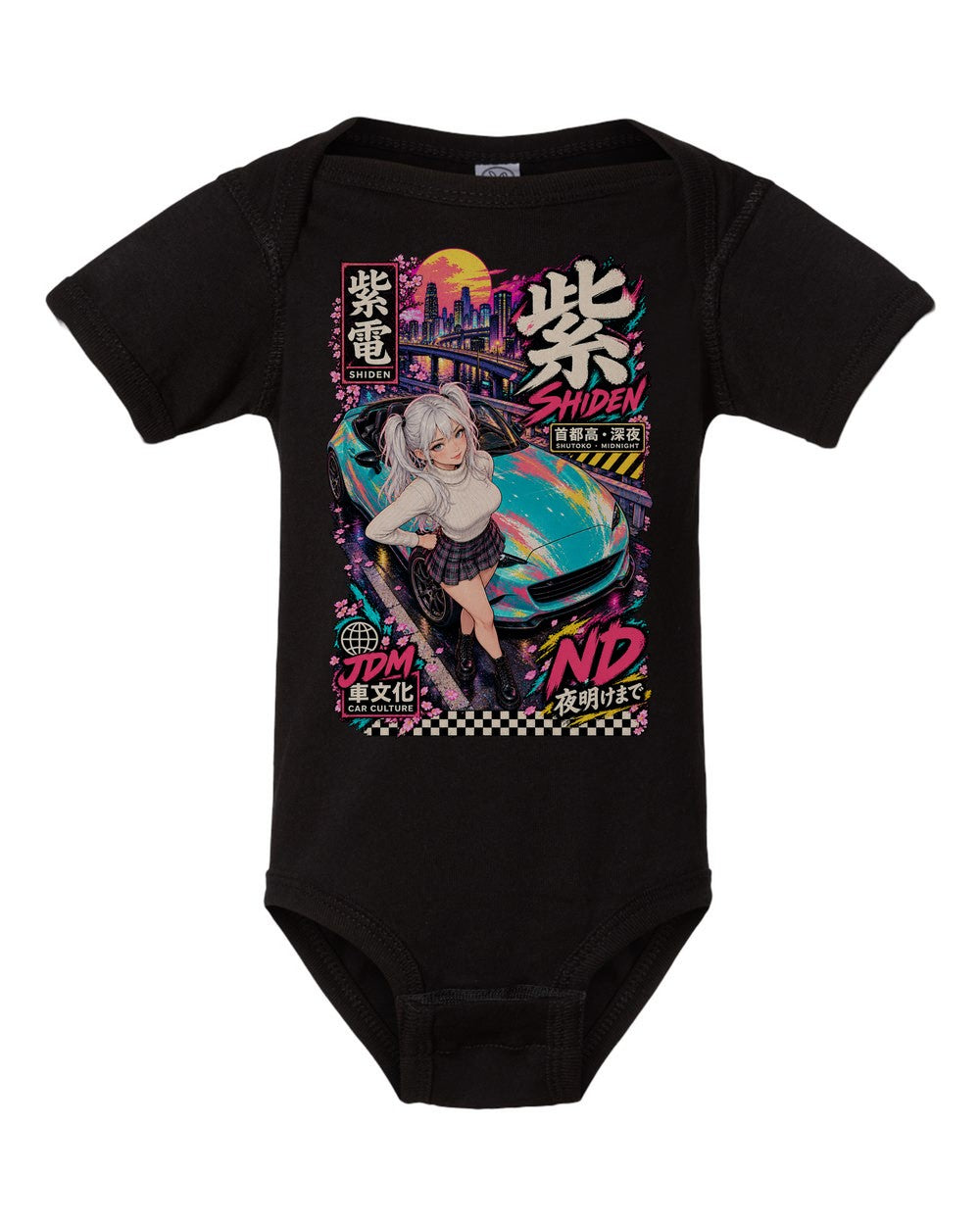 SHIDEN ND black baby onesie front view with artwork