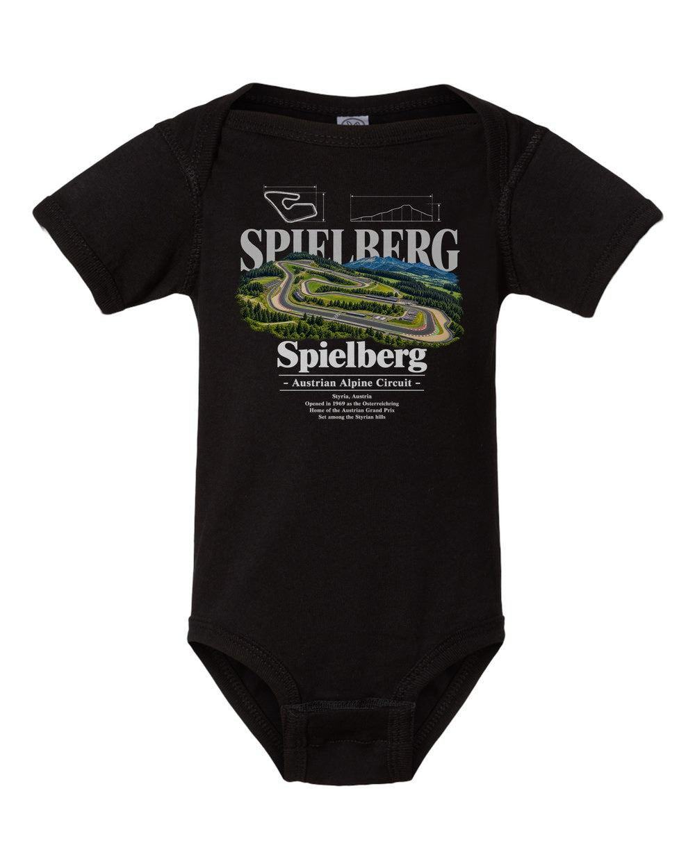 Spielberg black baby onesie front view