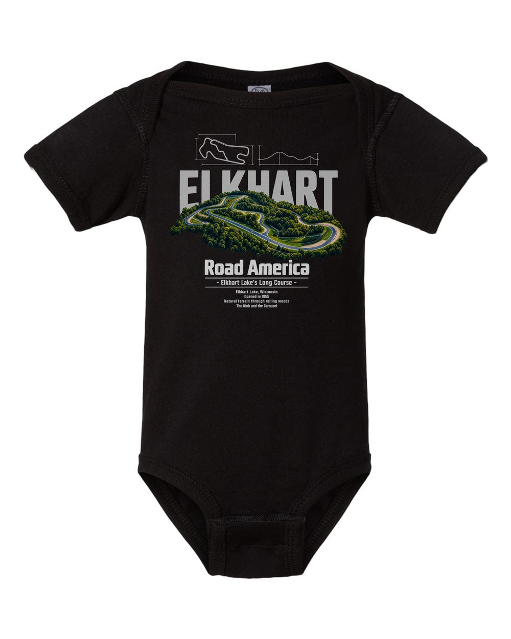 Road America black baby onesie front view