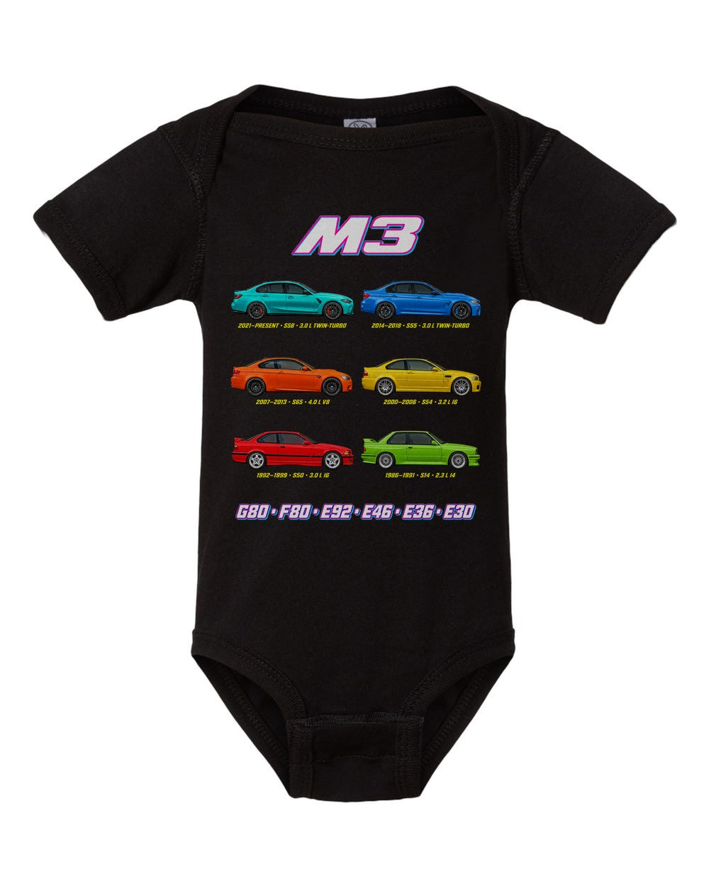 M3 evolution poster black baby onesie front view