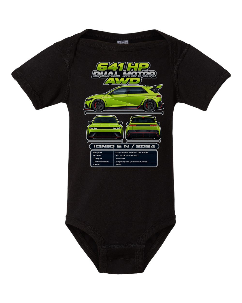 Hyundai Ioniq 5 N spec sheet black baby onesie front view