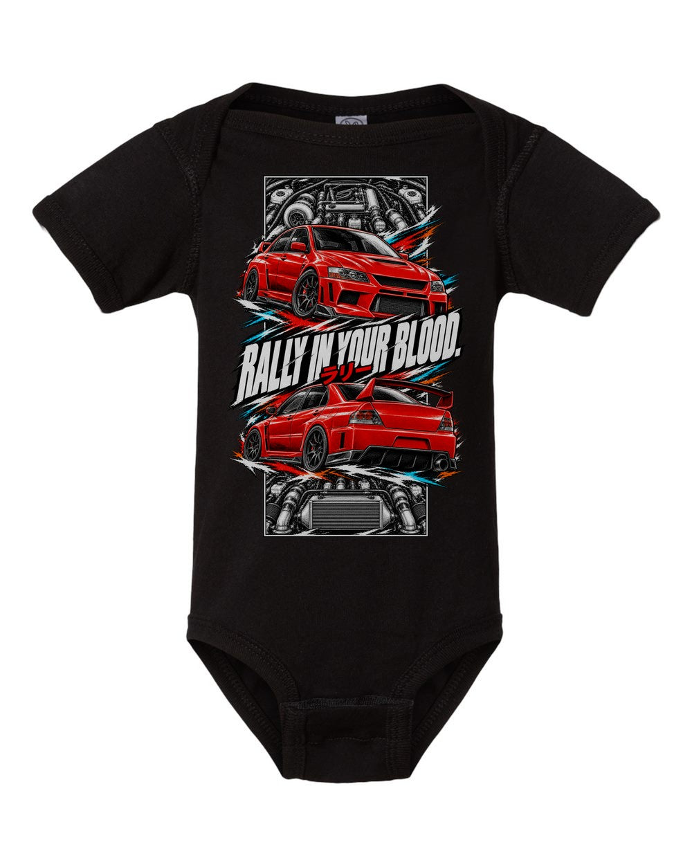 Mitsubishi Evo Ix torn poster black baby onesie front view