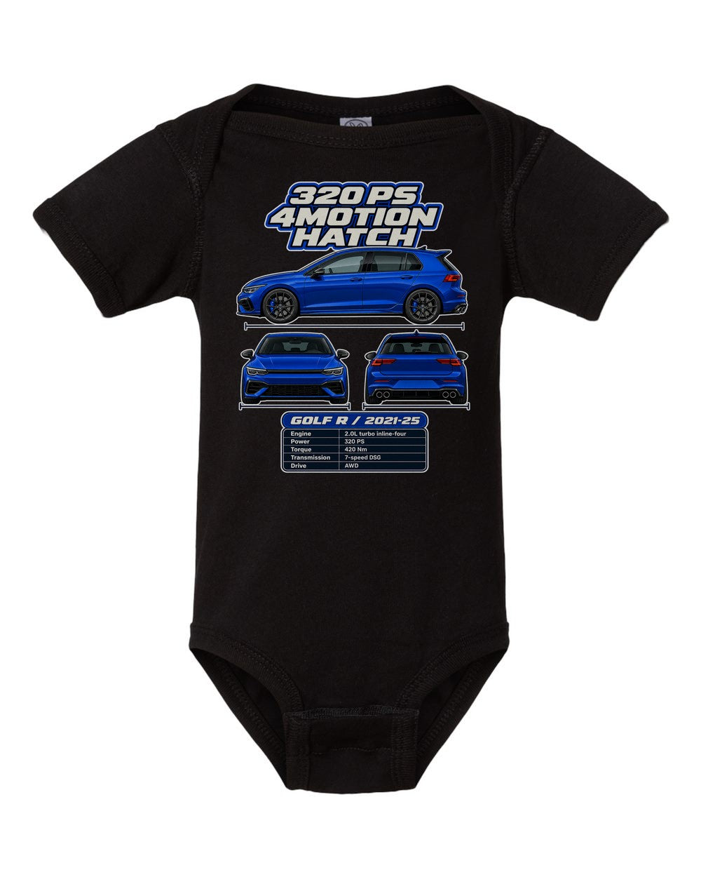 Volkswagen Golf R Mk8 spec sheet black baby onesie front view