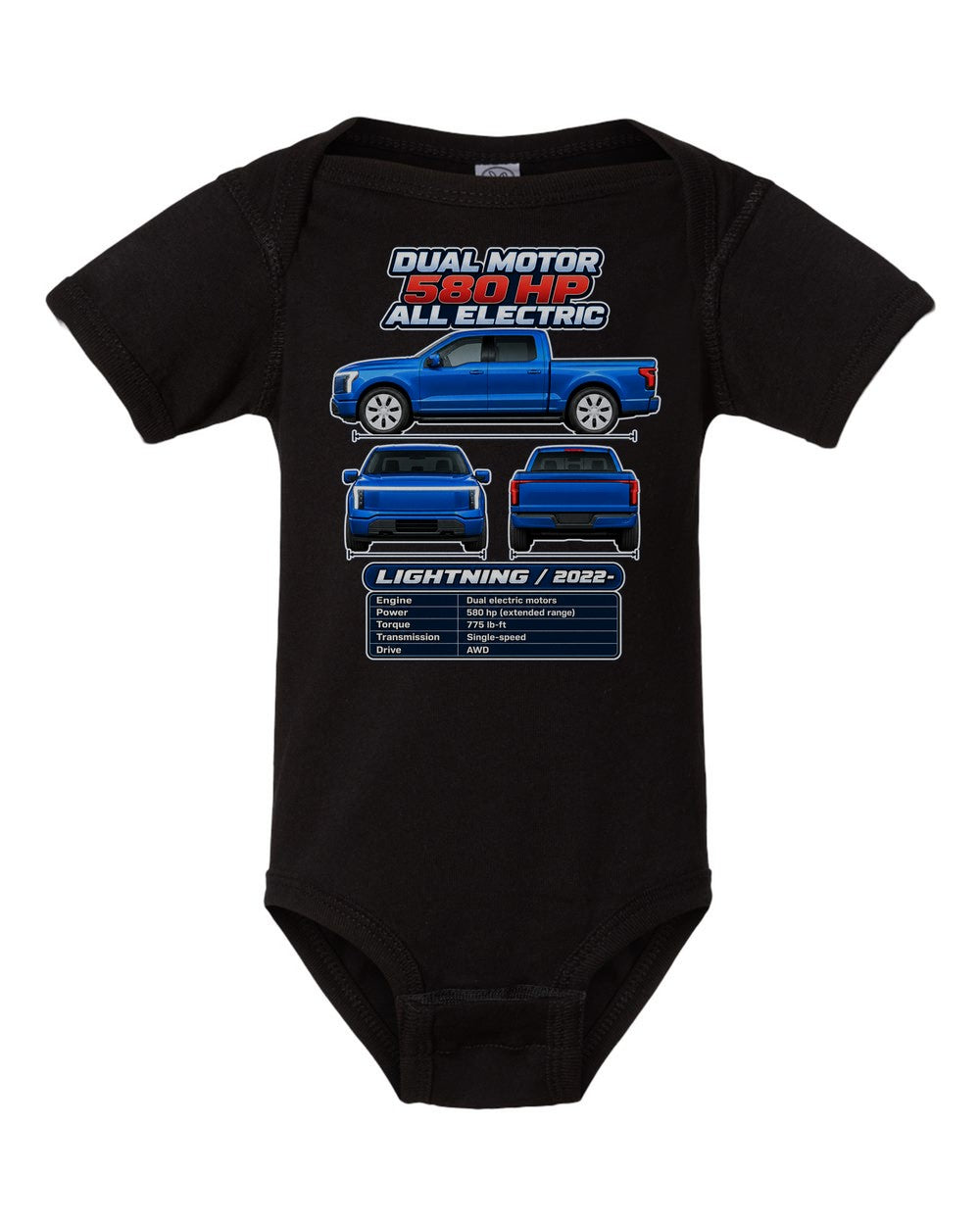 Ford F150 Lightning spec sheet black baby onesie front view