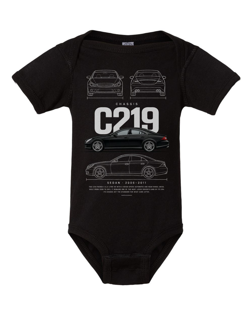 C219 artwork black baby onesie front view