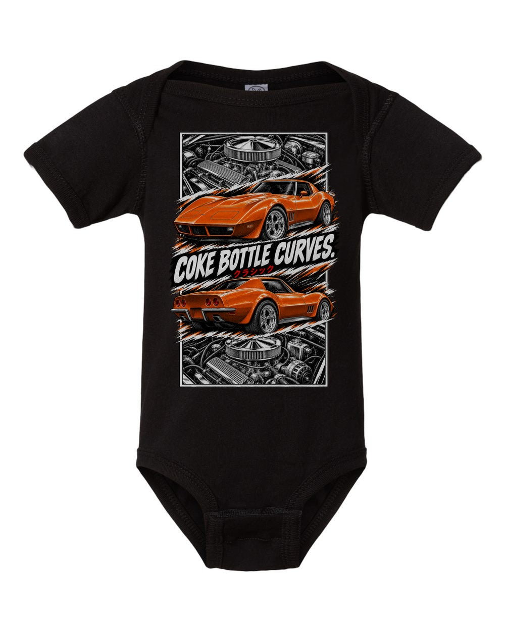 Corvette C3 torn poster black baby onesie front view