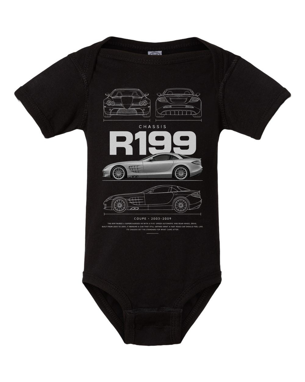 R199 artwork black baby onesie front view