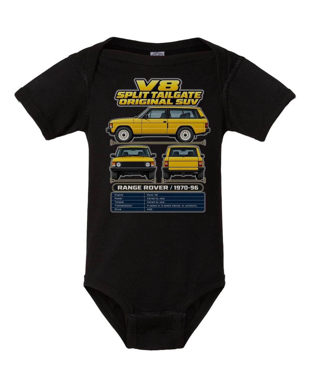 Range Rover Classic spec sheet black baby onesie front view