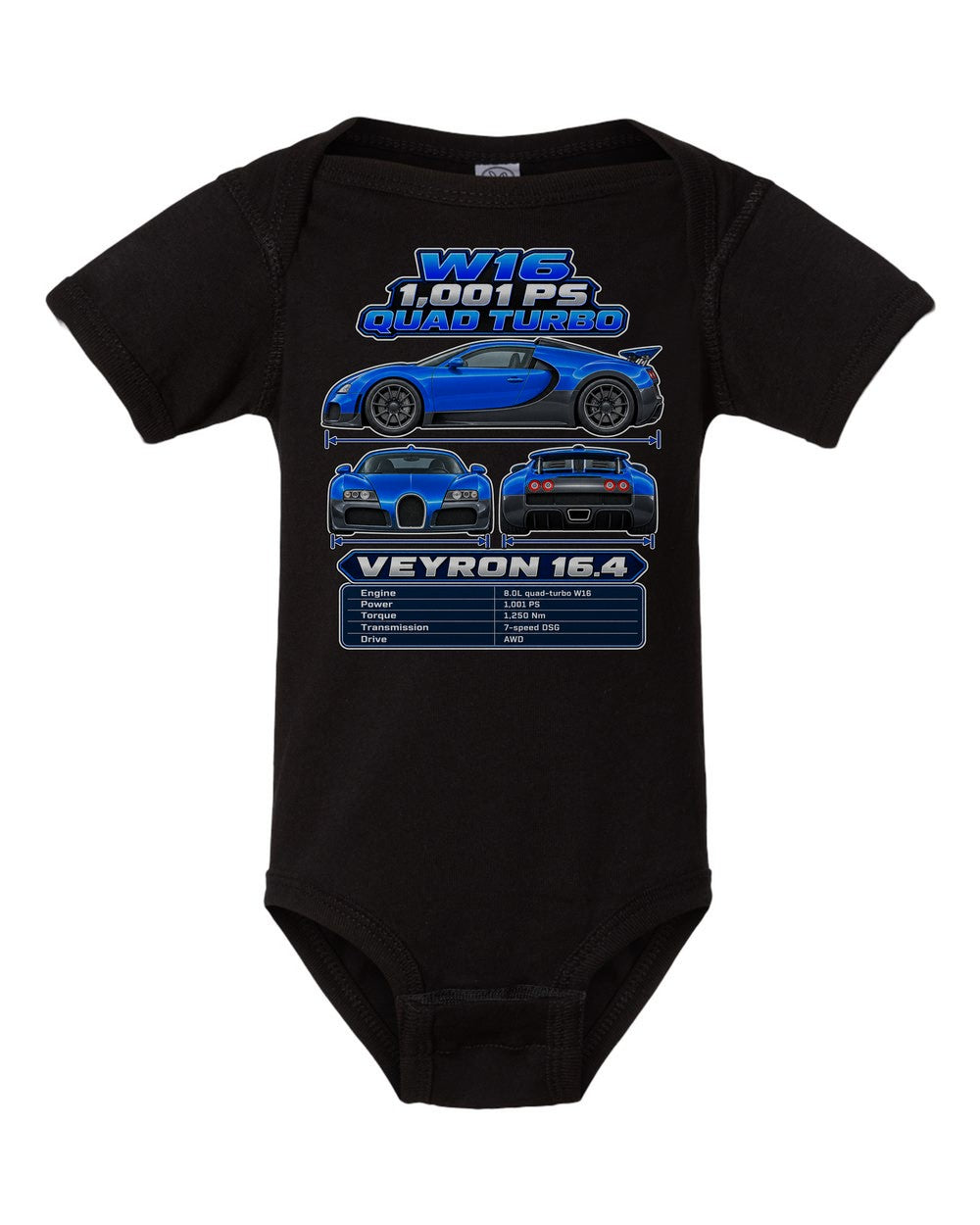 Bugatti Veyron 164 spec sheet black baby onesie front view