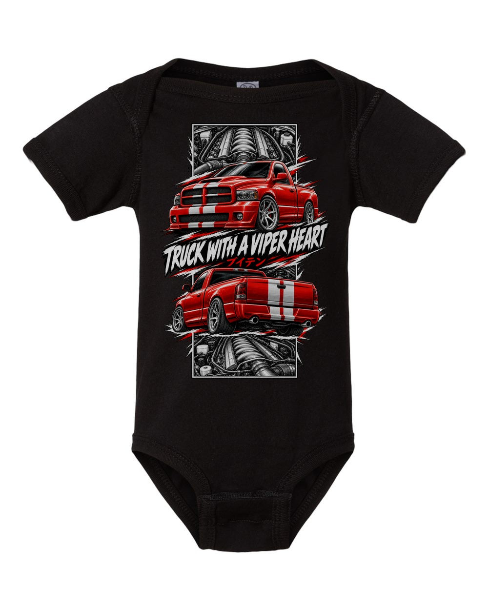 Dodge RAM SRT-10 torn poster black baby onesie front view